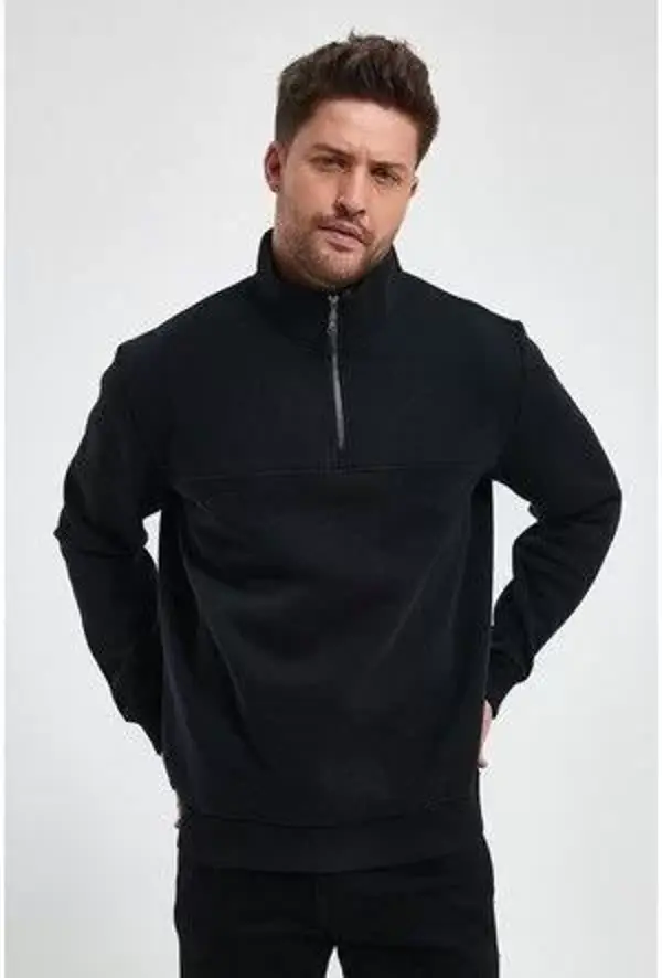 Oversize Yarım Farmuarlı Yakalı Basic SweatShirt - Siyah - Image 1