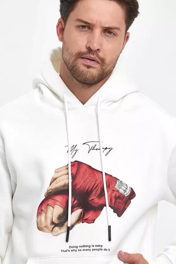 Unisex Kapüşonlu Üç İplik Oversize Baskılı Sweatshirt - Beyaz - Image 1