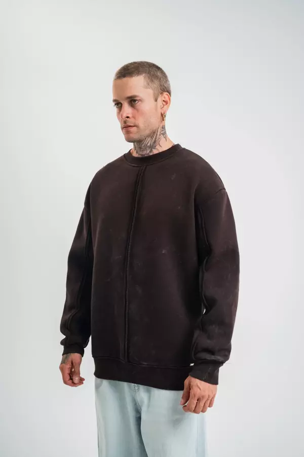 Unisex Bisiklet Yaka Özel Pis Dikişli Yıkamalı SweatShirt - Kahve - Image 1