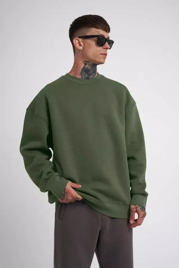 Unisex Biskilet Yaka Üç İplik SweatShirt - Haki - Image 1