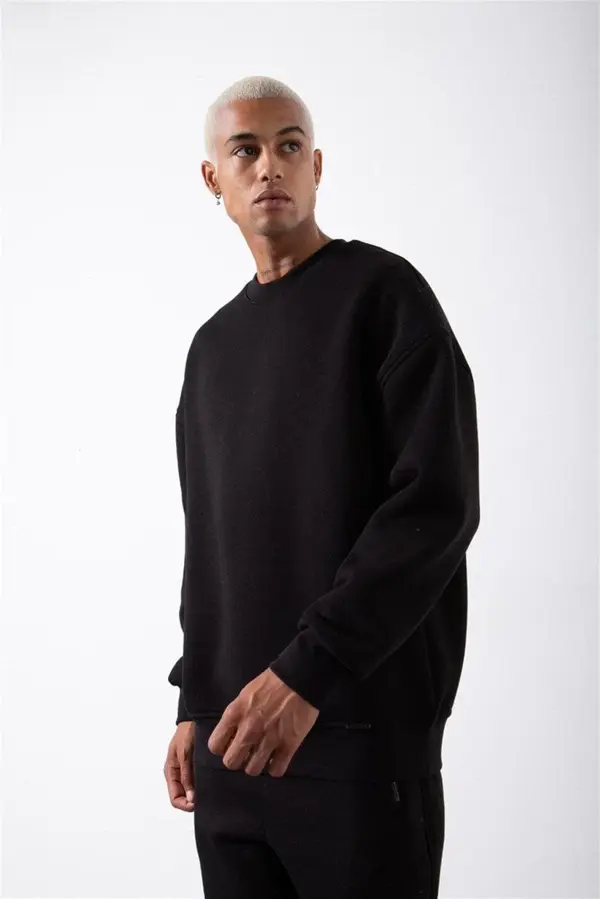 Unisex Biskilet Yaka Üç İplik SweatShirt - Siyah - Image 1
