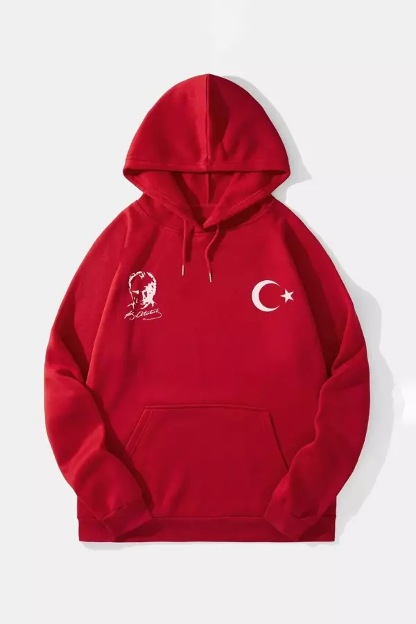 10 Kasıma Özel Üç İplik Kapüşonlu Baskılı SweatShirt - Kırmızı - Image 1