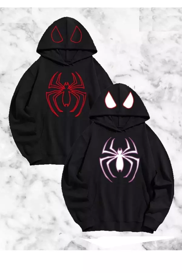 Örümcek Baskılı Sevgili Çift Kombini Kapüşonlu Sweatshirt & Hodie - Siyah - Image 1