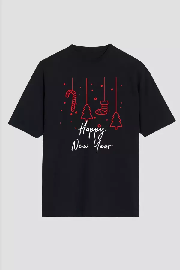 Happy New Year Baskılı T-shirt - Siyah - Image 1
