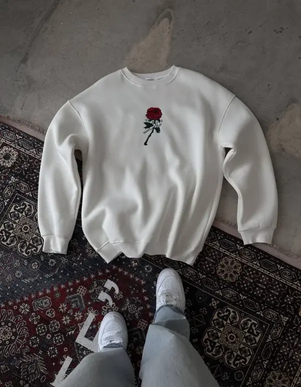 Unisex Bisiklet Yaka Ön Ve Arka Baskılı SweatShirt - Beyaz - Image 1