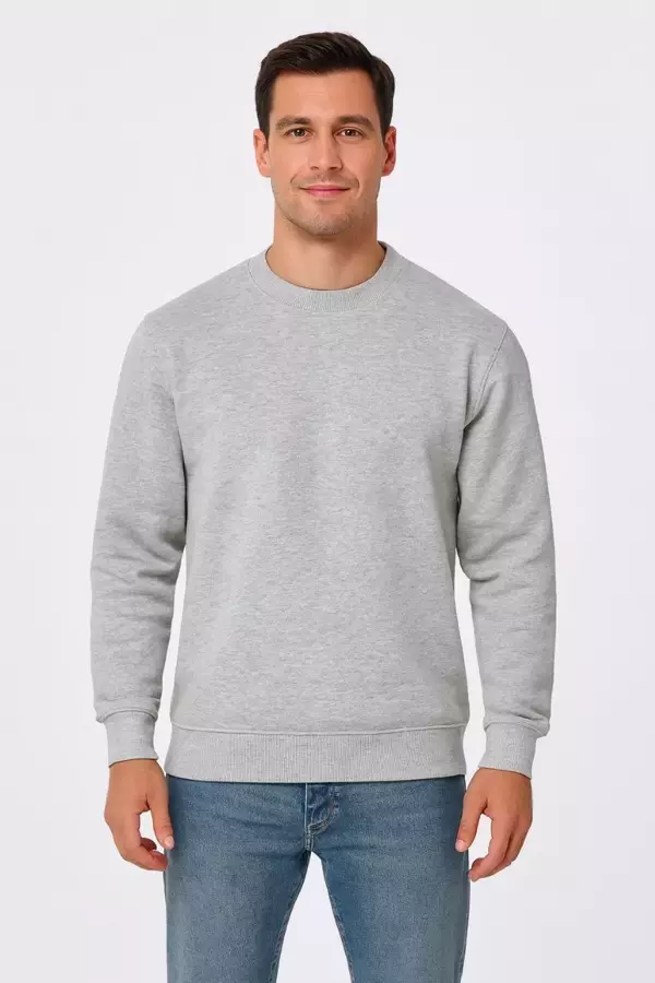 Erkek Üç İplik Düz Bisiklet Yaka SweatShirt - Gri - Image 1