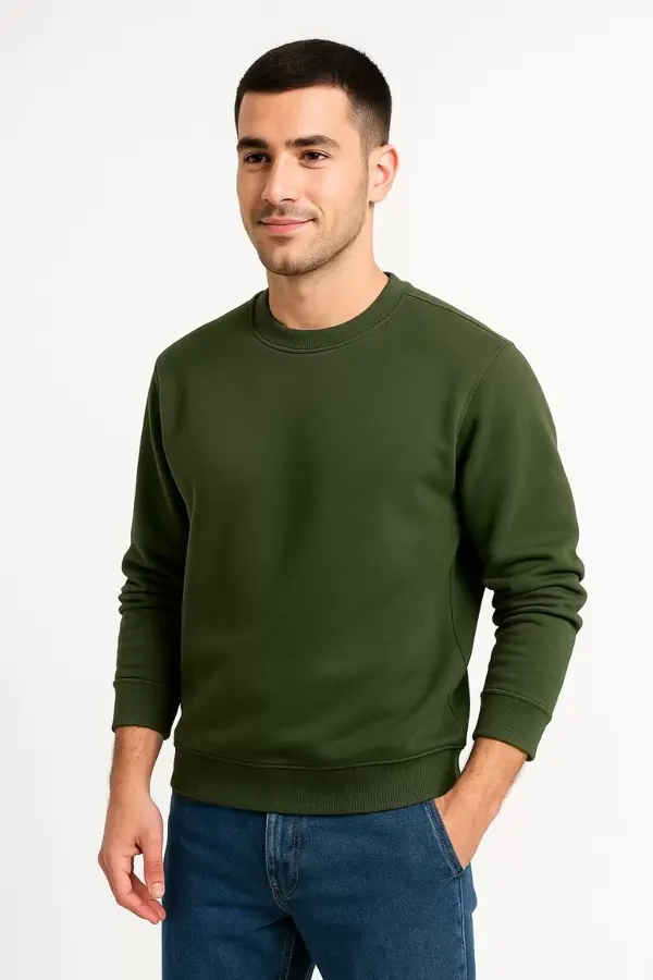 Erkek Üç İplik Düz Bisiklet Yaka SweatShirt - Haki - Image 1