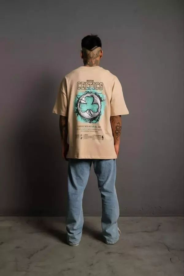 Erkek Sırt Baskılı T-shirt - Bej - Image 1