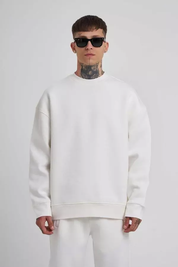 Unisex Biskilet Yaka Üç İplik SweatShirt - Beyaz - Image 1