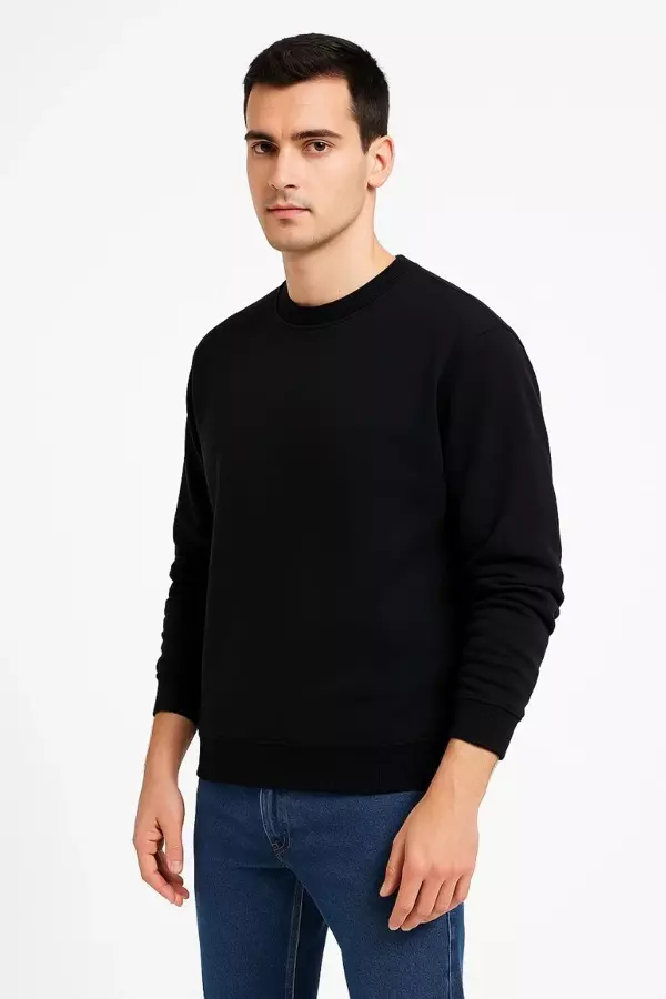 Erkek Üç İplik Düz Bisiklet Yaka SweatShirt - Siyah - Image 1