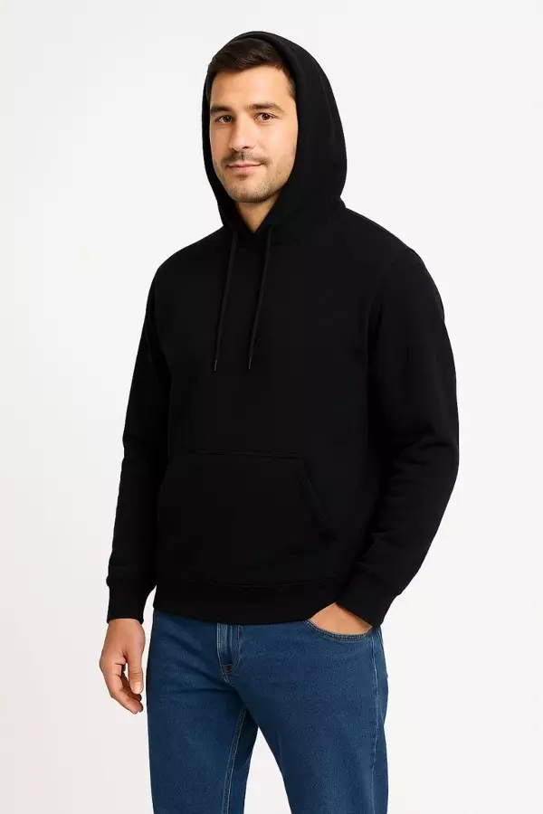 Erkek Üç İplik Kapüşonlu Kanguru Cepli SweatShirt hoodie - Siyah - Image 1