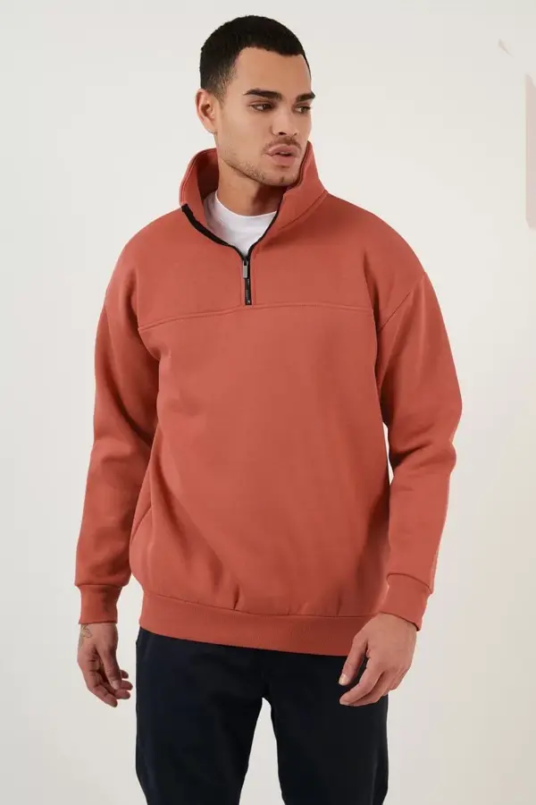 Oversize Yarım Farmuarlı Yakalı Basic SweatShirt - Gül Kurusu - Image 1