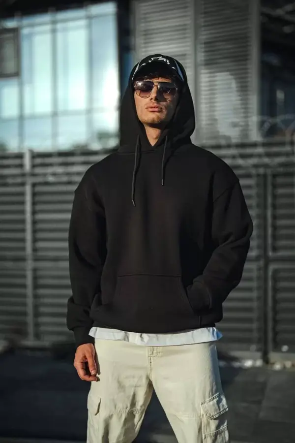 Üç İplik Penye Kapşonlu Basic SweatShirt - Siyah - Image 1