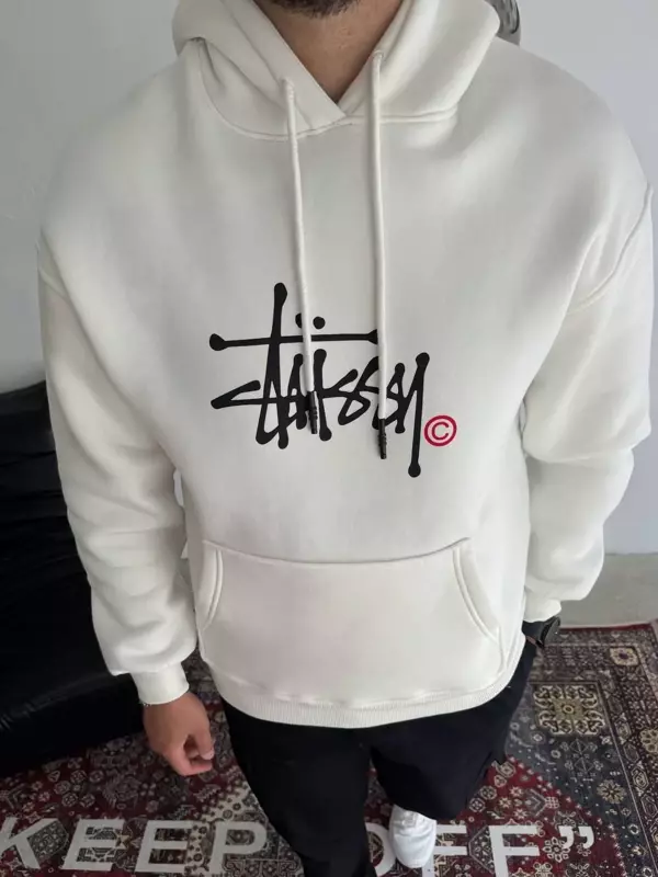 Üç İplik Kapşonlu Baskılı SweatShirt - Beyaz - Image 1
