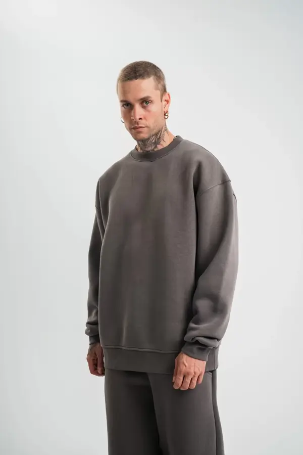 Uzun Kol Bisiklet Yaka Basic SweatShirt - Füme - Image 1