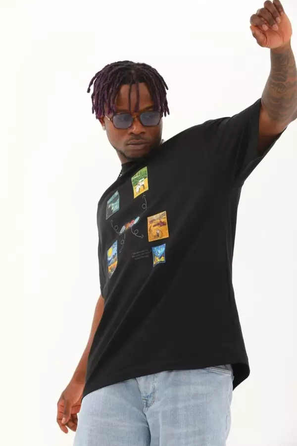 Unisex Oversize Baskılı Bisiklet Yaka T-Shirt - Siyah - Image 1