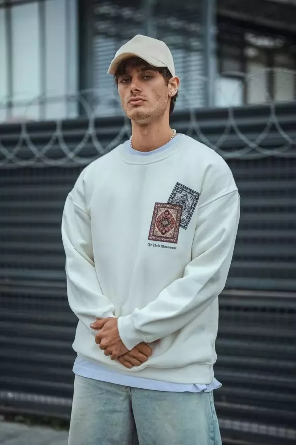 Uzun Kol Bisiklet Yaka Baskılı SweatShirt - Beyaz - Image 1