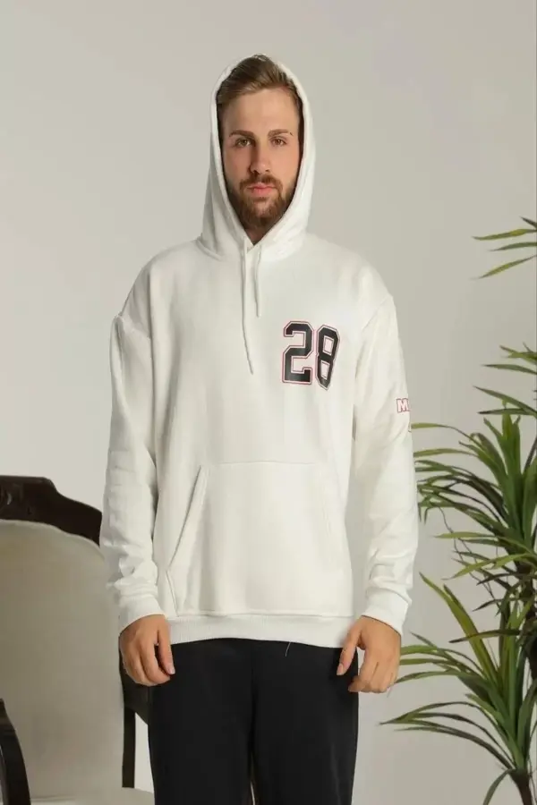Erkek Sırt Baskılı Oversize Üç İplik Kapüşonlu Sweatshirt - Beyaz - Image 1