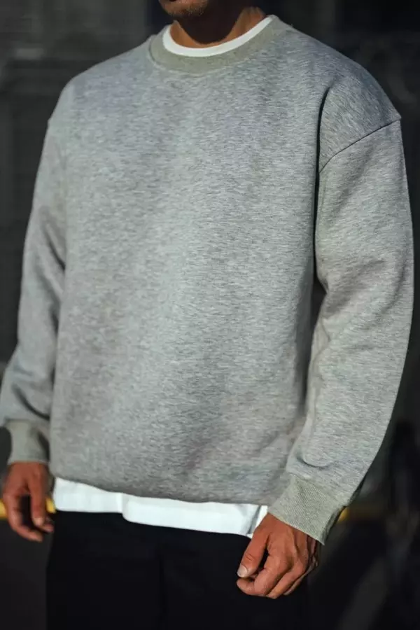 Kışlık Bisiklet Yaka Üç İplik Basic SweatShirt - Gri - Image 1