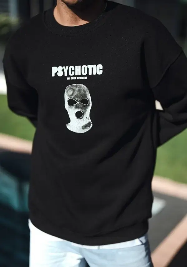Kışlık Bisiklet Yaka Baskılı SweatShirt - Siyah - Image 1