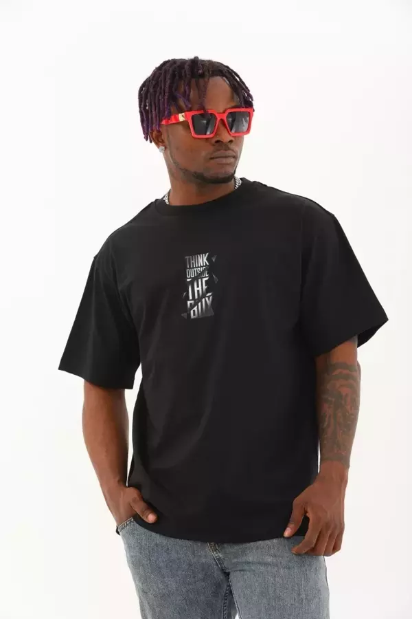 Unisex Oversize Baskılı Bisiklet Yaka T-Shirt - Siyah - Image 1