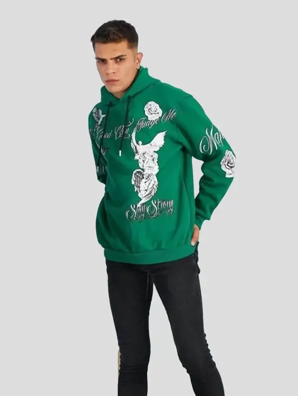 Erkek Kapüşonlu Strong Heykel Baskılı Sweatshirt - Yeşil - Image 1