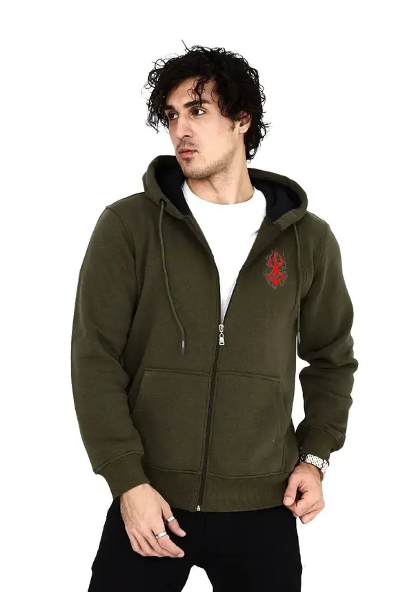 Unisex Baskılı Tam Fermuarlı Kapşonlu SweatShirt - Haki - Image 1