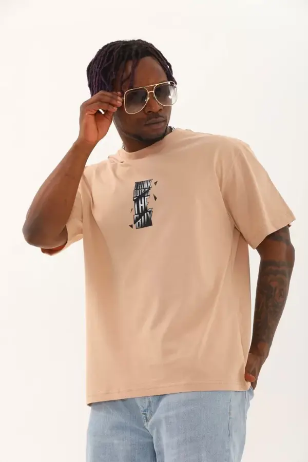 Unisex Oversize Baskılı Bisiklet Yaka T-Shirt - Bej - Image 1