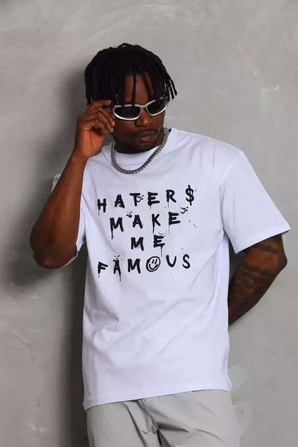 Unisex Oversize Baskılı Bisiklet Yaka T-Shirt - Beyaz - Image 1