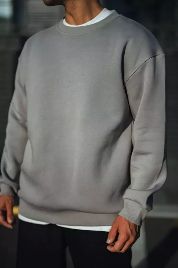 Kışlık Bisiklet Yaka Üç İplik Basic SweatShirt - Boyalı Gri - Image 1