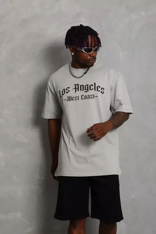 Unisex Oversize Baskılı Bisiklet Yaka T-Shirt - Gri - Image 1