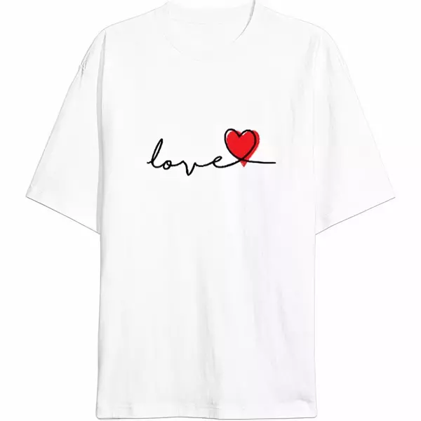 Sevgililer Günü İçin Özel Tasarım Love Baskılı T-shirt - Beyaz - Image 1