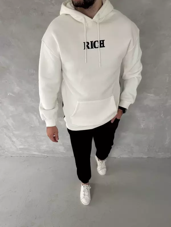 Uzun Kol Kapüşonlu Göğüs Baskılı SweatShirt - Beyaz - Image 1