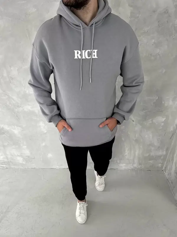 Uzun Kol Kapüşonlu Göğüs Baskılı SweatShirt - Gri - Image 1