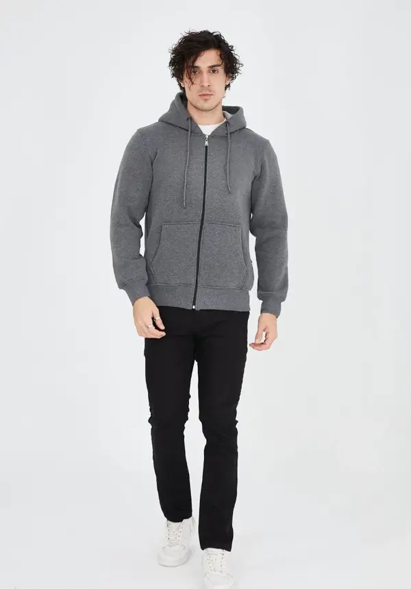 Unisex Tam Fermuarlı Kapşonlu  SweatShirt - Füme - Image 1