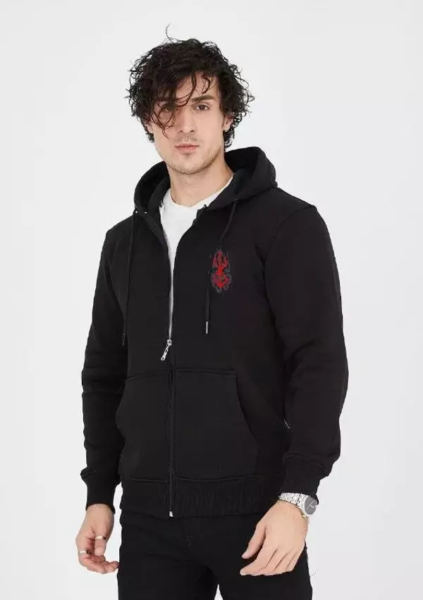 Unisex Baskılı Tam Fermuarlı Kapşonlu SweatShirt - Siyah - Image 1