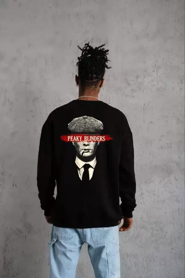 Unisex Bisiklet Yaka Baskılı Oversize Sweatshirt - Siyah - Image 1