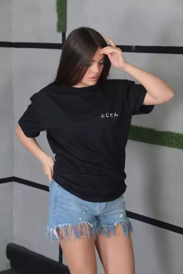 Unisex Bisiklet Yaka Baskılı Oversize T-Shirt - Siyah - Image 1