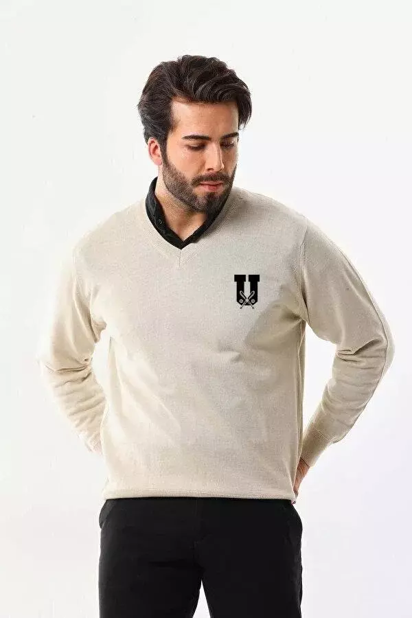 Baskılı V Yaka Uzun Kol Dokuma Triko - Bej - Image 1