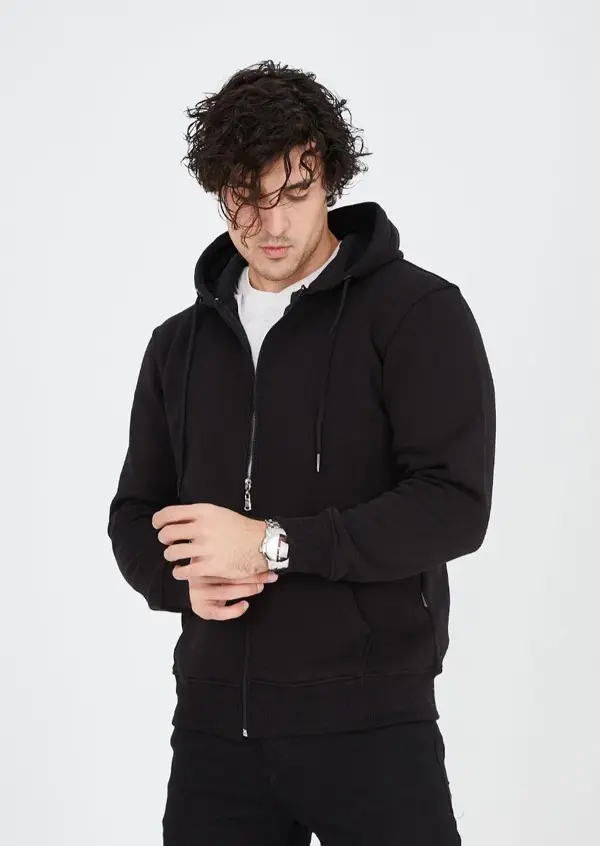 Unisex Tam Fermuarlı Kapşonlu  SweatShirt - Siyah - Image 1