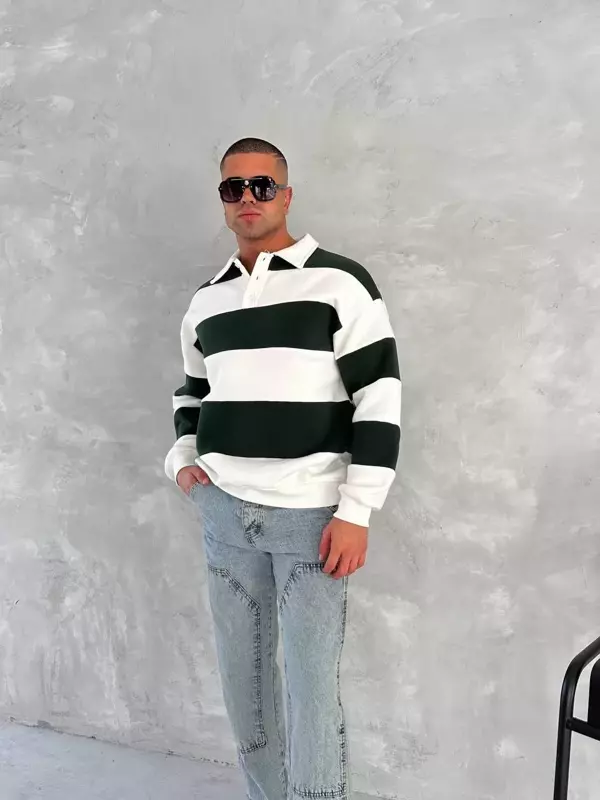 Unisex Üç İplik Parçalı Yakalı SweatShirt - Yeşil - Image 1