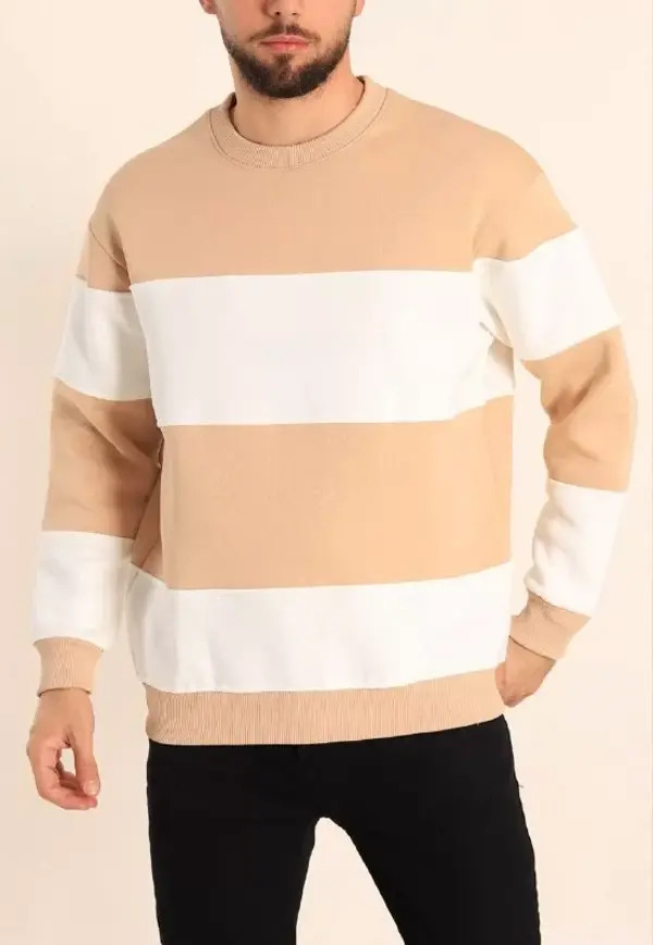 Parçalı Bisiklet Yaka Baskılı SweatShirt - Bej - Image 1