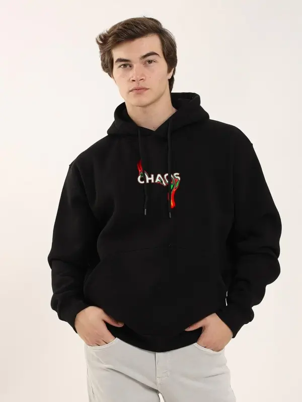 Unisex Baskılı Oversize Üç İplik Kapüşonlu Sweatshirt - Siyah - Image 1