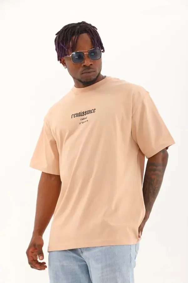Unisex Oversize Baskılı Bisiklet Yaka T-Shirt - Bej - Image 1