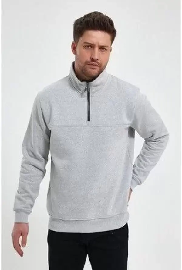 Oversize Yarım Farmuarlı Yakalı Basic SweatShirt - Gri - Image 1