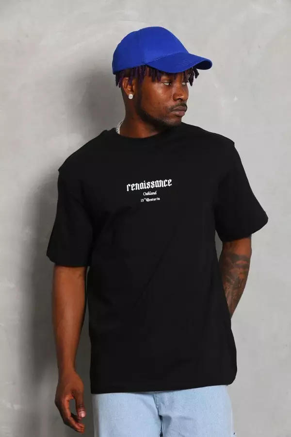 Unisex Oversize Baskılı Bisiklet Yaka T-Shirt - Siyah - Image 1