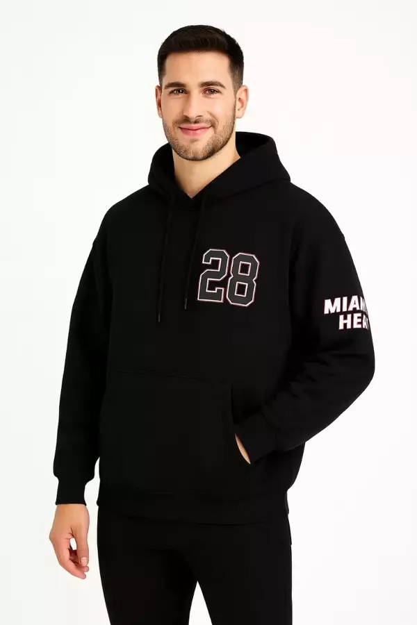 Üç İplik Kapüşonlu Ön ve Arka Baskılı SweatShirt hoodie - Siyah - Image 1