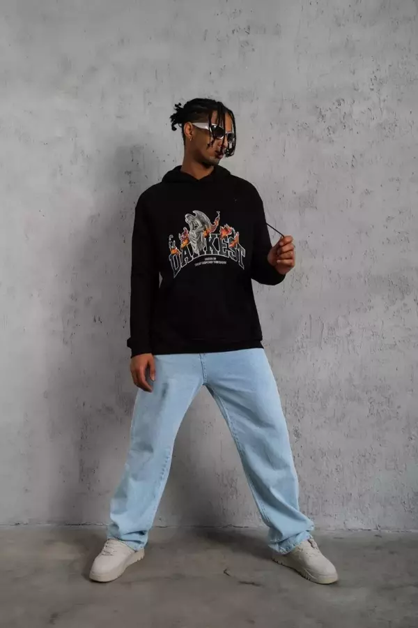 Erkek DANKES Baskılı Kapüşonlu Sweat - Siyah - Image 1