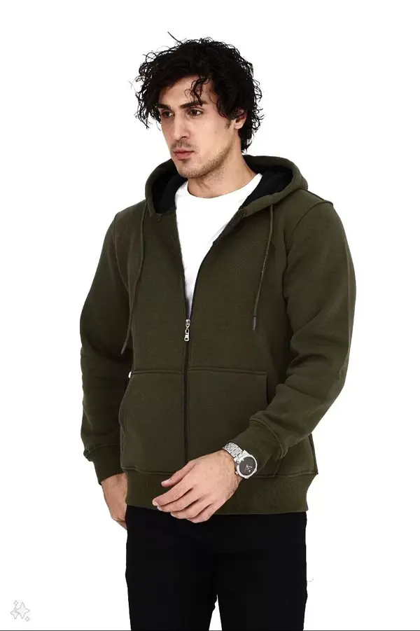 Unisex Tam Fermuarlı Kapşonlu  SweatShirt - Haki - Image 1