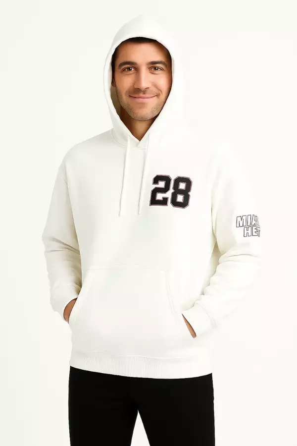 Üç İplik Kapüşonlu Ön ve Arka Baskılı SweatShirt hoodie - Beyaz - Image 1